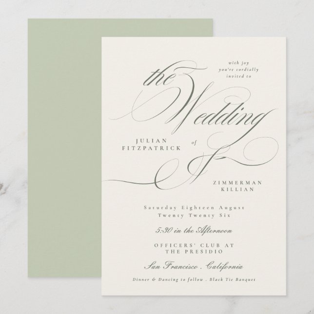 Invitation Mariage Vert dans un Jardin Formel (Devant / Derrière)