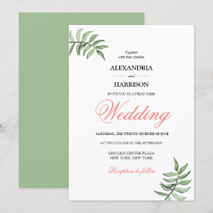 Invitation Mariage vert de corail botanique moderne