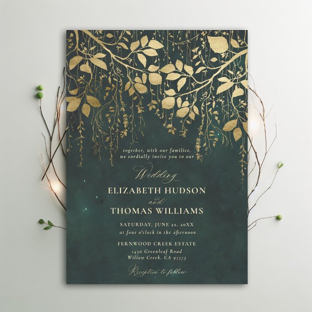 Invitation Mariage vert de feuillage doré en forêt enchantée (Enchanted Forest Emerald Green Draped Greenery Modern Calligraphy Wedding Invitation)