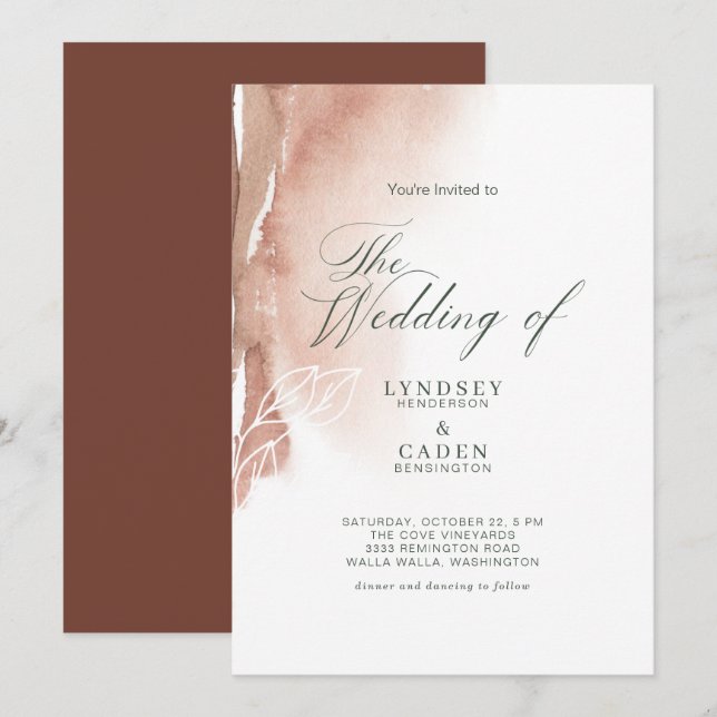 Invitation Mariage vert de forêt Abstraite brûlée orange mode (Devant / Derrière)