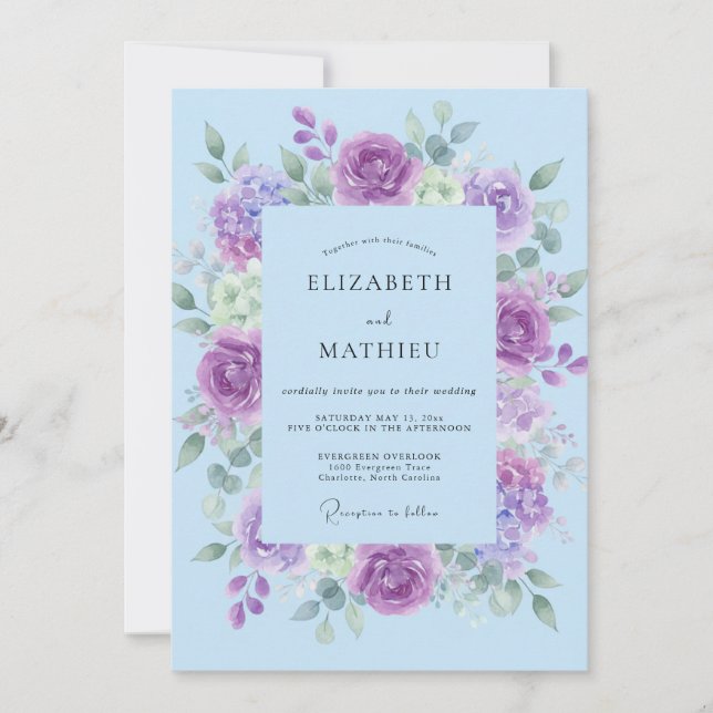 Invitation Mariage Vert de gris Violet Poudré (Devant)