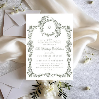 Invitation Mariage vert de la couronne végétale Monogramme Sa