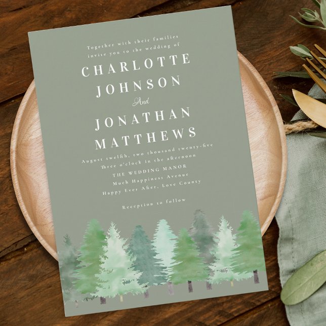 Invitation Mariage vert de la forêt forestière moderne (Modern watercolor Woodland forest sage green wedding qr code invitation Elegant typography )