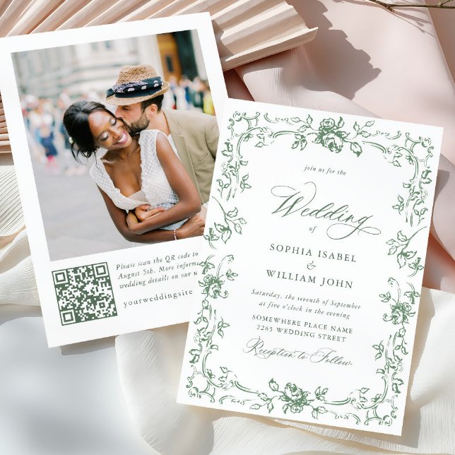 Invitation Mariage vert de la saison florale de la Renaissanc (Créateur téléchargé)