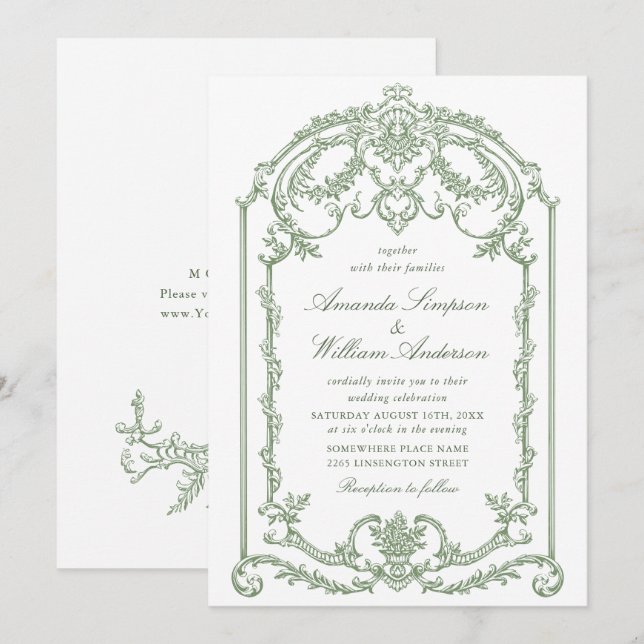 Invitation Mariage vert de l'âge orné victorien Grace Floral (Devant / Derrière)