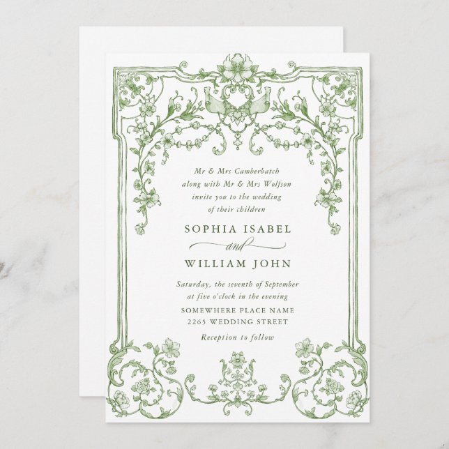 Invitation Mariage vert de l'âge orné victorien Grace Floral (Devant / Derrière)