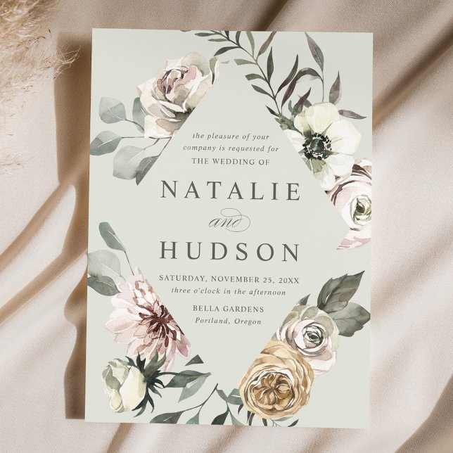 Invitation Mariage vert de l'image de la trame florale hivern (Créateur téléchargé)