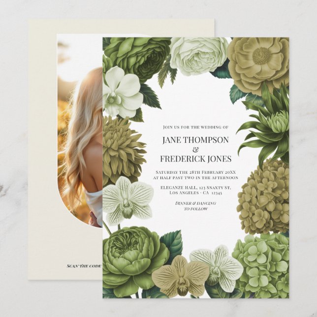 Invitation Mariage Vert de mousse, Brume de fougère et Pistac (Devant / Derrière)