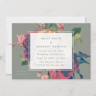 Invitation Mariage vert de mousse Vintage Rose antique