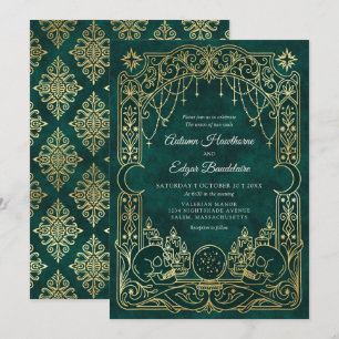 Invitation Mariage vert de sorcière de tarot gothique