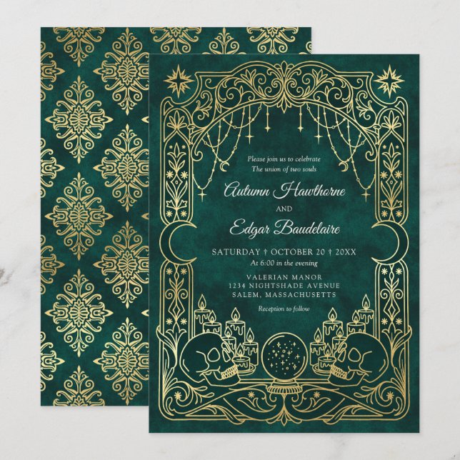 Invitation Mariage vert de sorcière de tarot gothique (Devant / Derrière)