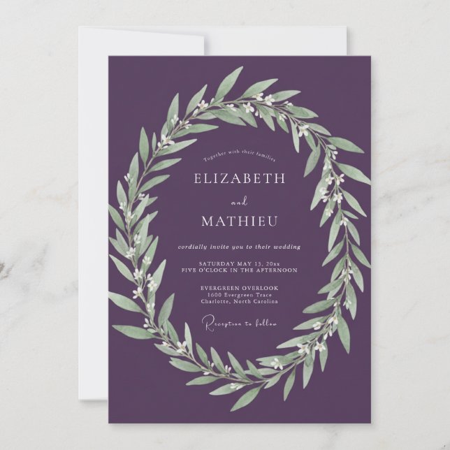 Invitation Mariage Vert Égoutté d'Aubergine (Devant)