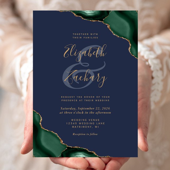 Invitation Mariage Vert Émeraude Agate Coins Bleu Nuit (Créateur téléchargé)
