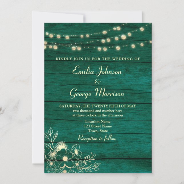 Invitation Mariage vert émeraude bois rustique (Devant)