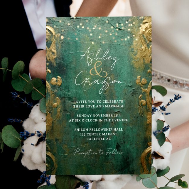Invitation Mariage Vert Émeraude et Or (Créateur téléchargé)