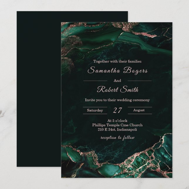 Invitation Mariage Vert Émeraude et Or Rose (Devant / Derrière)