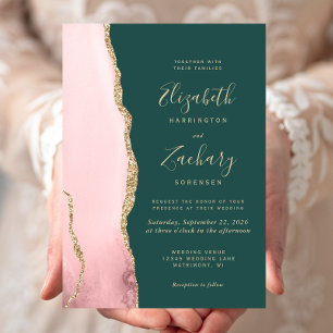 Invitation Mariage vert émeraude rose or rose