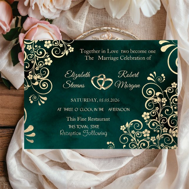 Invitation Mariage Vert Émeraude Tourbillons Dorés  (Créateur téléchargé)
