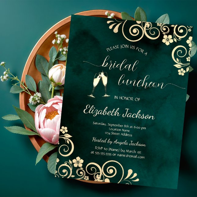 Invitation Mariage Vert Émeraude Tourbillons Dorés (Créateur téléchargé)