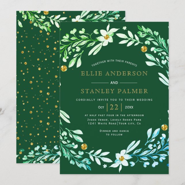 Invitation Mariage vert émérite de cadre et de confetti d'or (Devant / Derrière)