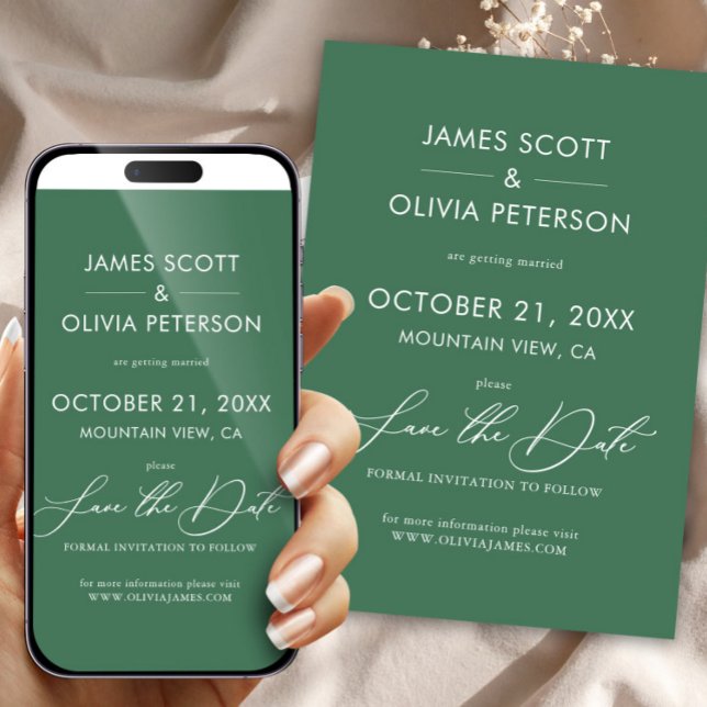 Invitation Mariage Vert Enregistrer La Date Calligraphie Mini (Wedding Save The Date Green Minimalist Modern Invitation)