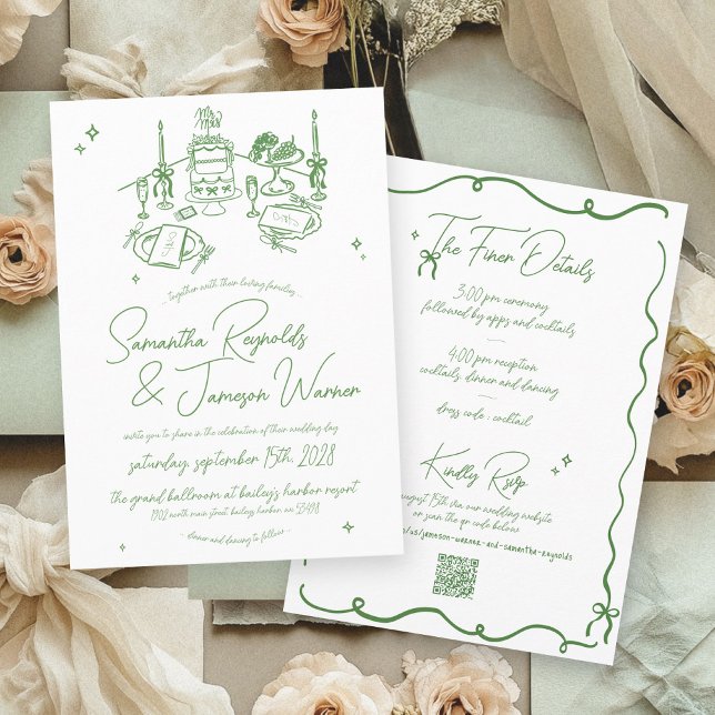 Invitation Mariage vert et blanc au style gribouillé dessiné  (Retro sage green and white hand drawn illustration bows handwritten whimsical wedding invitation)