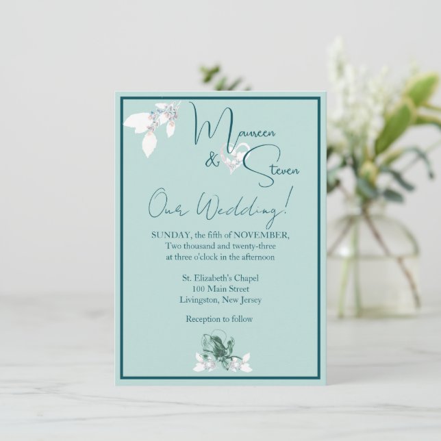 Invitation Mariage vert et blanc de la menthe orchidée (Debout devant)
