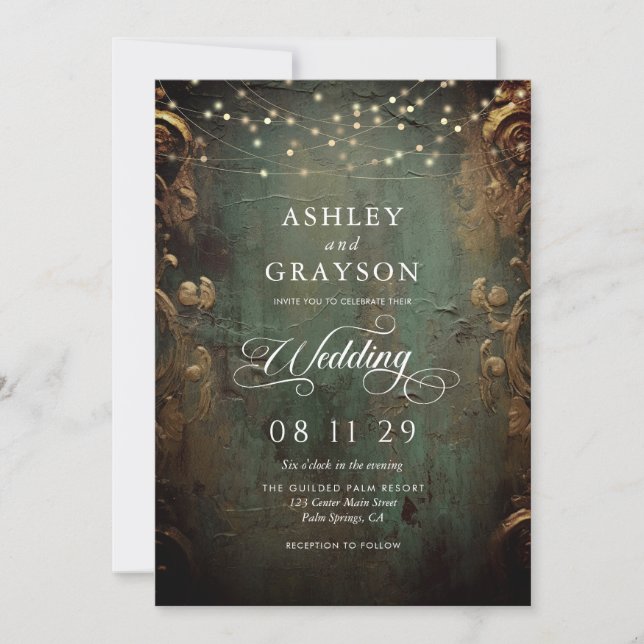 Invitation Mariage Vert et Or Vintage (Devant)