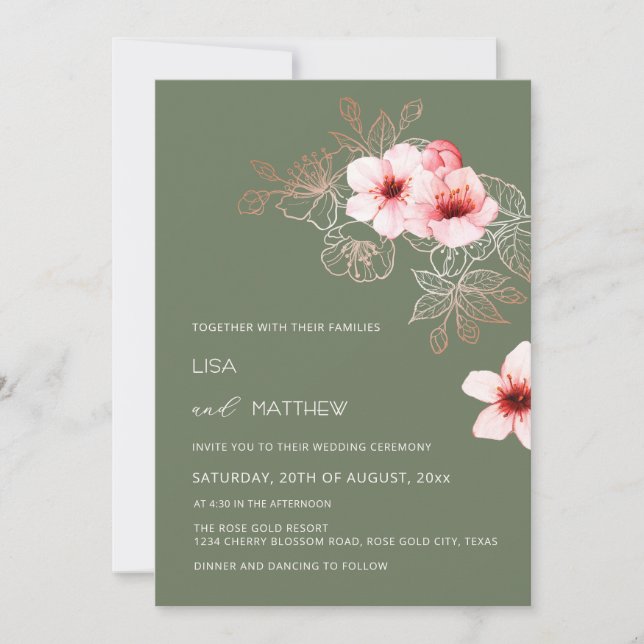 Invitation Mariage vert et rose pastel de cerisier (Devant)