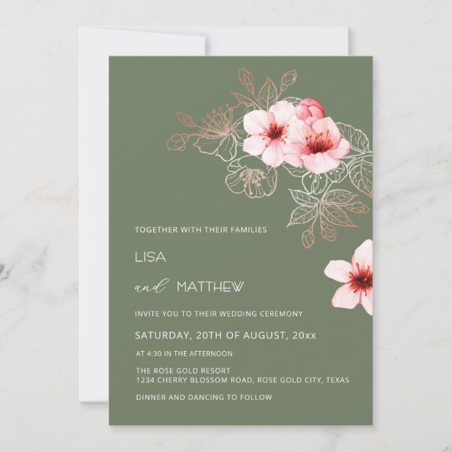 Invitation Mariage vert et rose pastel de cerisier (Devant)