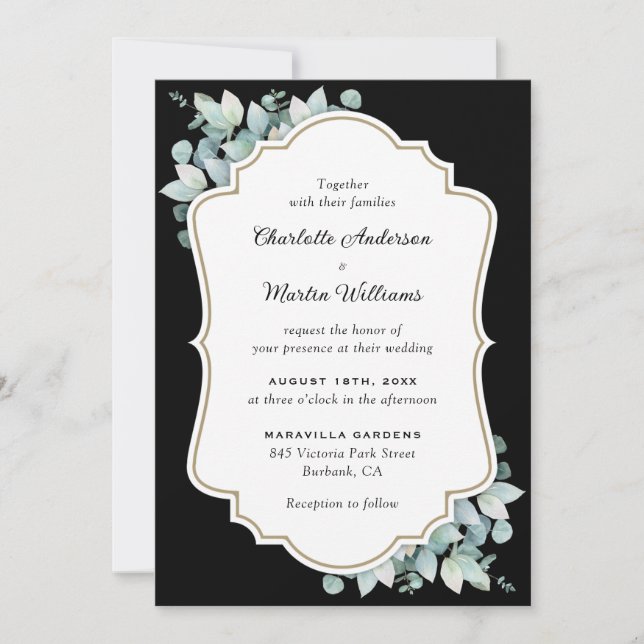 Invitation Mariage vert Eucalyptus noir (Devant)