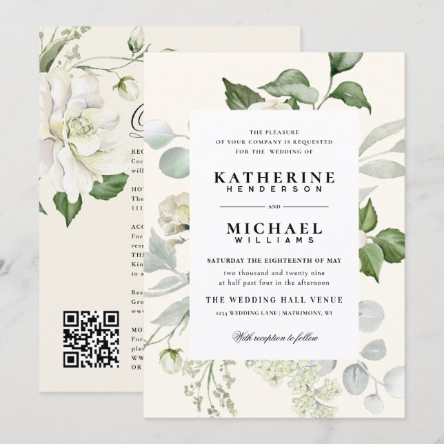 Invitation Mariage Vert Eucalyptus Roses Ivoire & Détails (Devant / Derrière)