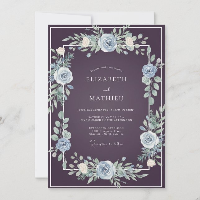 Invitation Mariage Vert Feuillage Acier Prune (Devant)