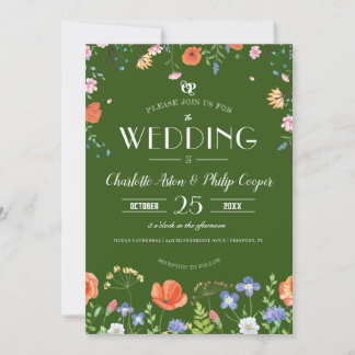 Invitation Mariage vert Fleur sauvage Boho classique