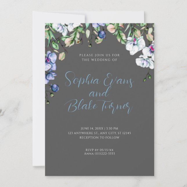 Invitation Mariage vert floral bleu, blanc et gris moderne (Devant)