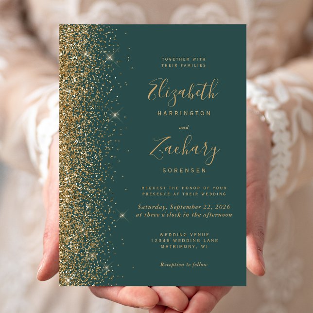 Invitation Mariage Vert Foncé Bordure Pailletée Or Moderne (Créateur téléchargé)