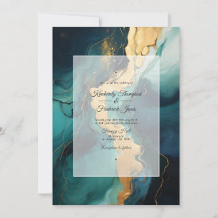 Invitation Mariage vert foncé, crème et encre dorée