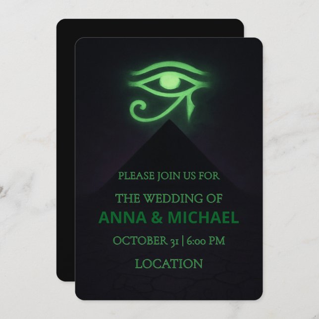 Invitation Mariage vert foncé de l'oeil égyptien d'Halloween  (Devant / Derrière)
