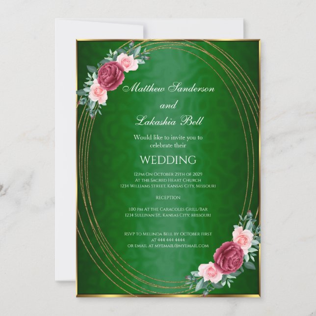 Invitation Mariage Vert foncé Or rose Fleurs rouges Classic (Devant)