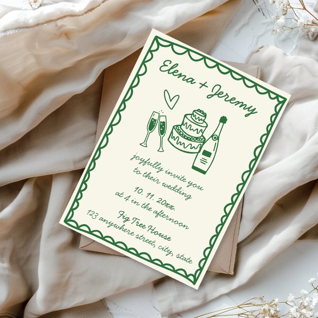 Invitation Mariage vert français Vintage illustré à la main (Green hand illustration hand written quirky wedding invitation)