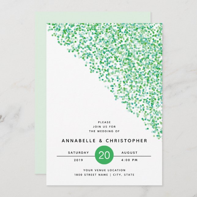 Invitation Mariage vert géométrique moderne de confettis de (Devant / Derrière)