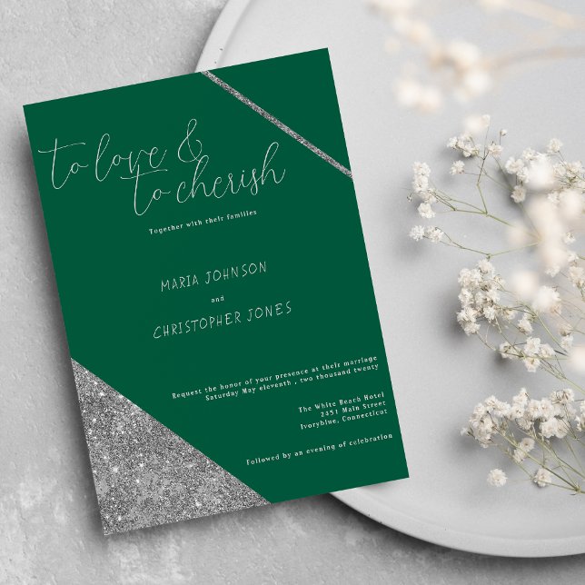 Invitation Mariage vert jade paillettes argent écriture class (Classic script silver glitter jade green wedding)