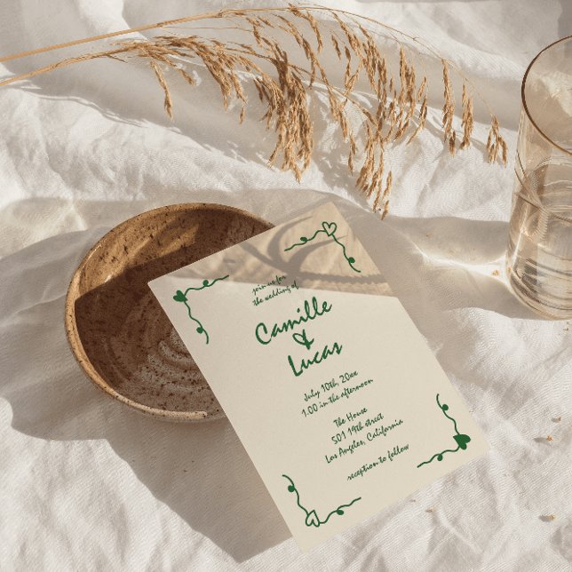 Invitation Mariage vert maquis rétro manuscrit (Créateur téléchargé)