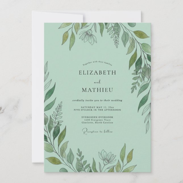 Invitation Mariage Vert Menthe en Forêt Verdoyante (Devant)