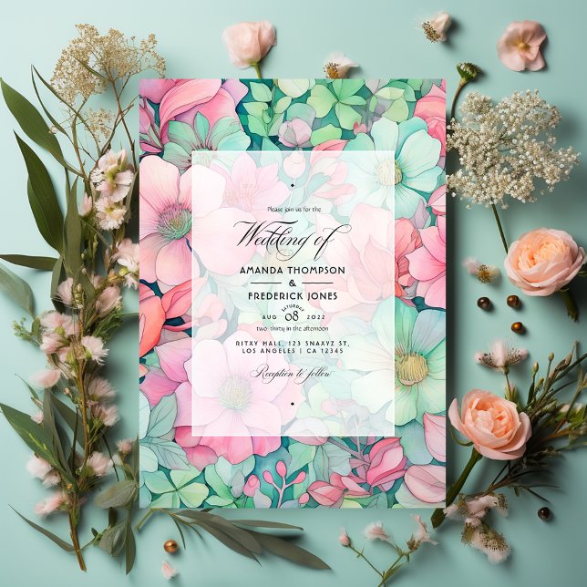 Invitation Mariage Vert Menthe, Rose Pâle et Gris Colombe (Créateur téléchargé)