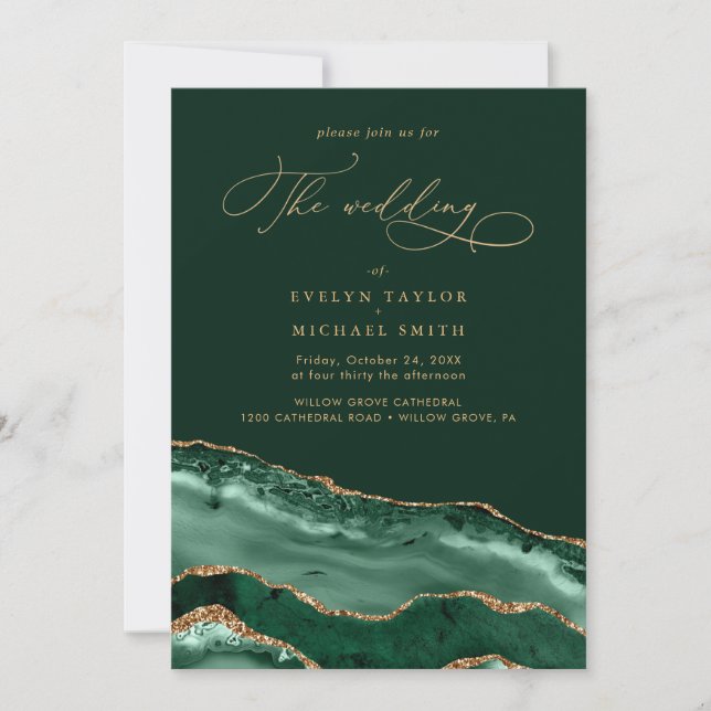 Invitation Mariage vert moderne Gold Agate (Devant)