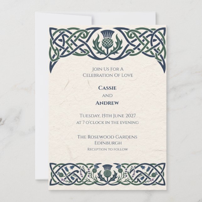 Invitation Mariage Vert Navy Celtique Chardon (Devant)