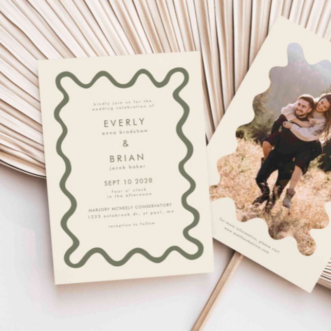 Invitation Mariage vert olive avec trait à main ironique (Créateur téléchargé)