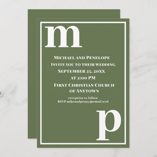 Invitation Mariage vert olive de Monogram mignon tendance (Devant / Derrière)