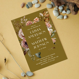 Invitation Mariage Vert Olive Doré   Détails Floraux d'Automn